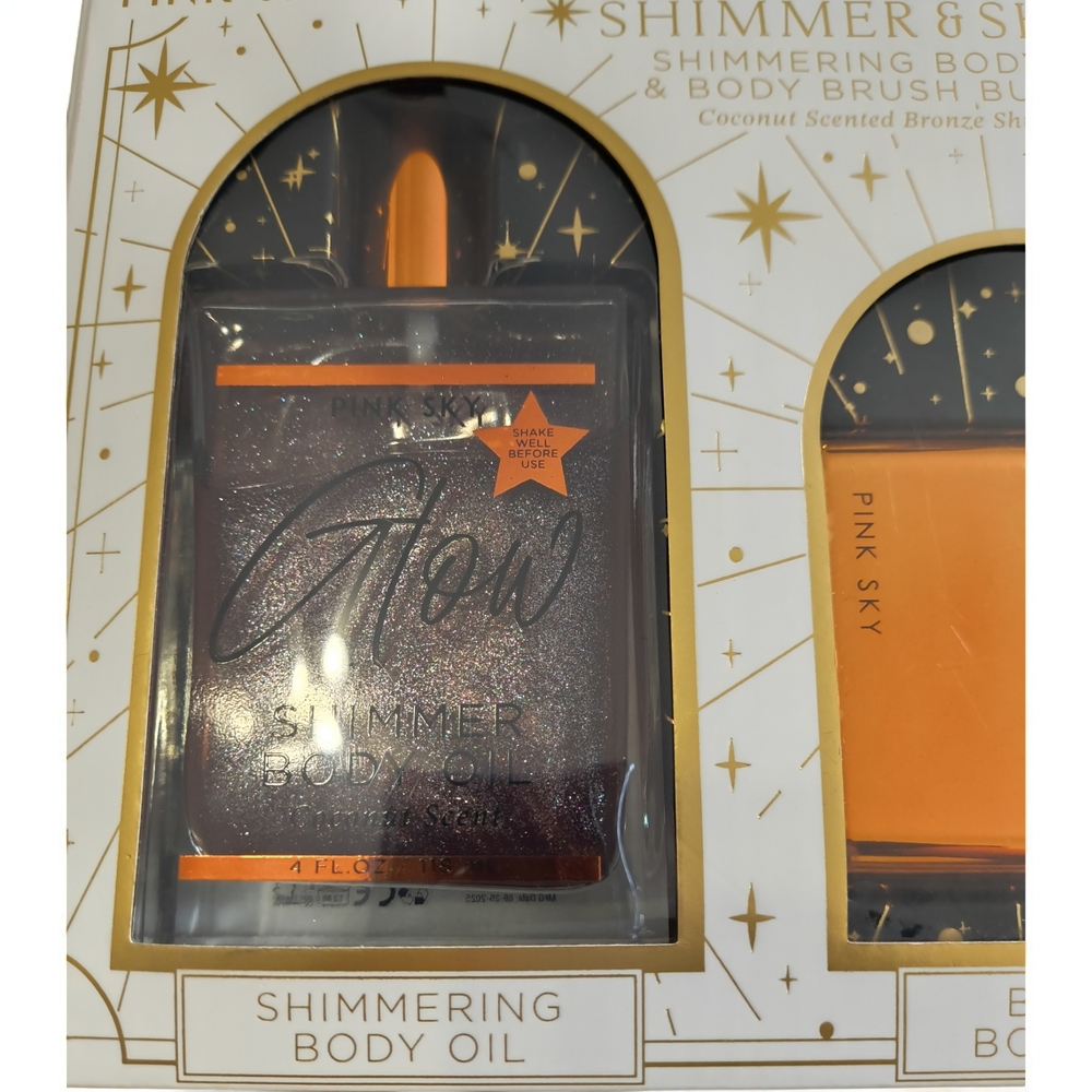 NWT Pink Sky Shimmer & Shine Coconut Scented Shimmering Body Oil & Brush Bundle - Picture 4 of 5